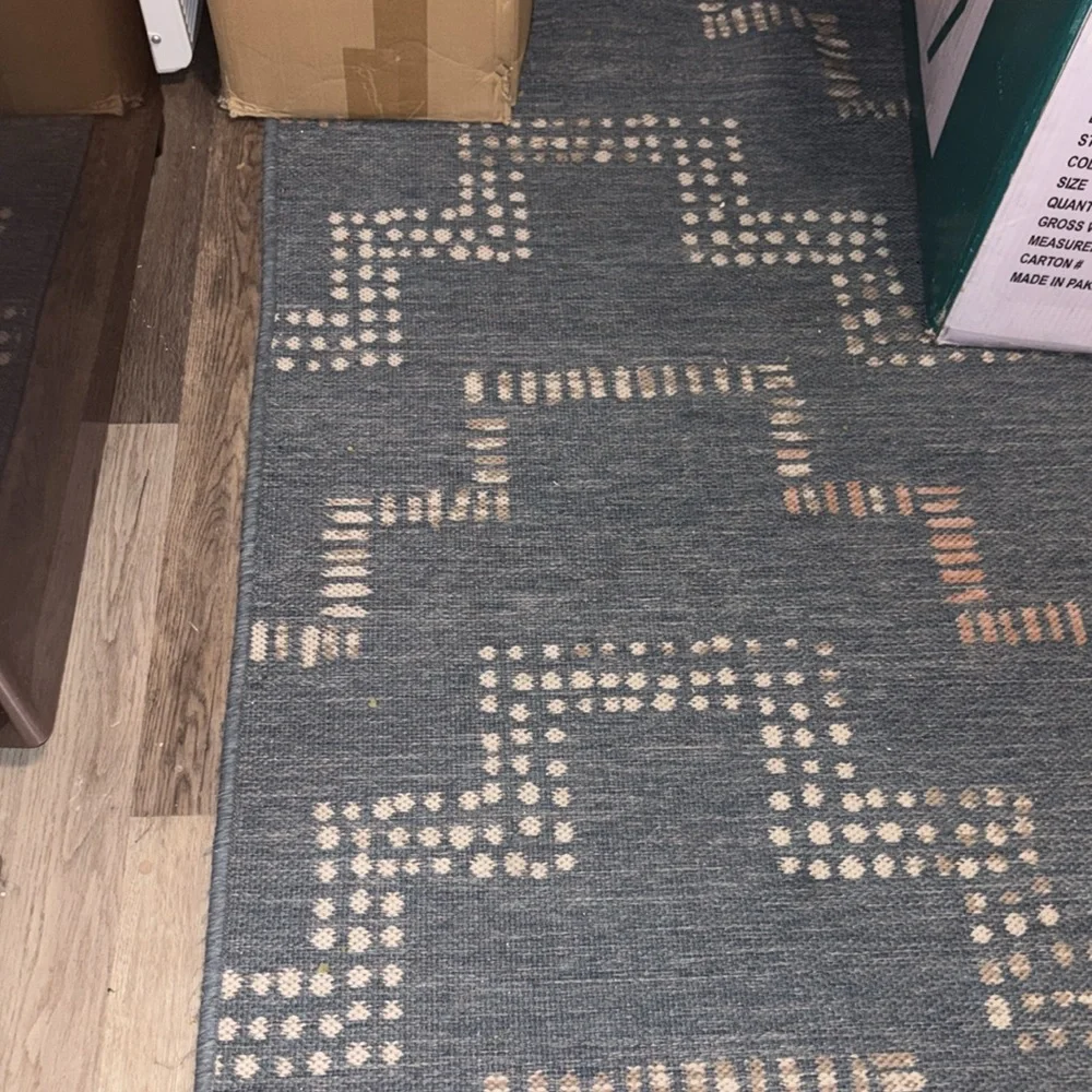 Geometric Patterned Area Rug in Blue and Tan indoor-outdoor rug